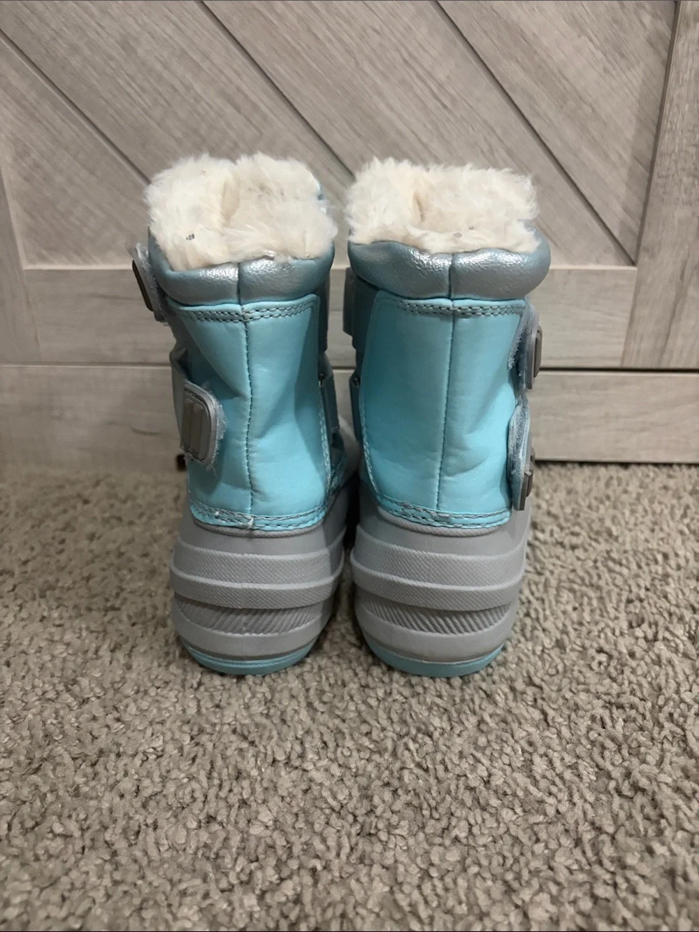 Cozy Metallic Light Blue Kids Snow Boots with Faux Fur Cuff